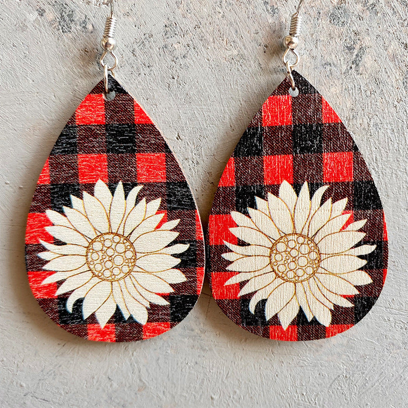Wholesale 2PCS Leopard Print Sunflower Drop Shape Wooden Earrings